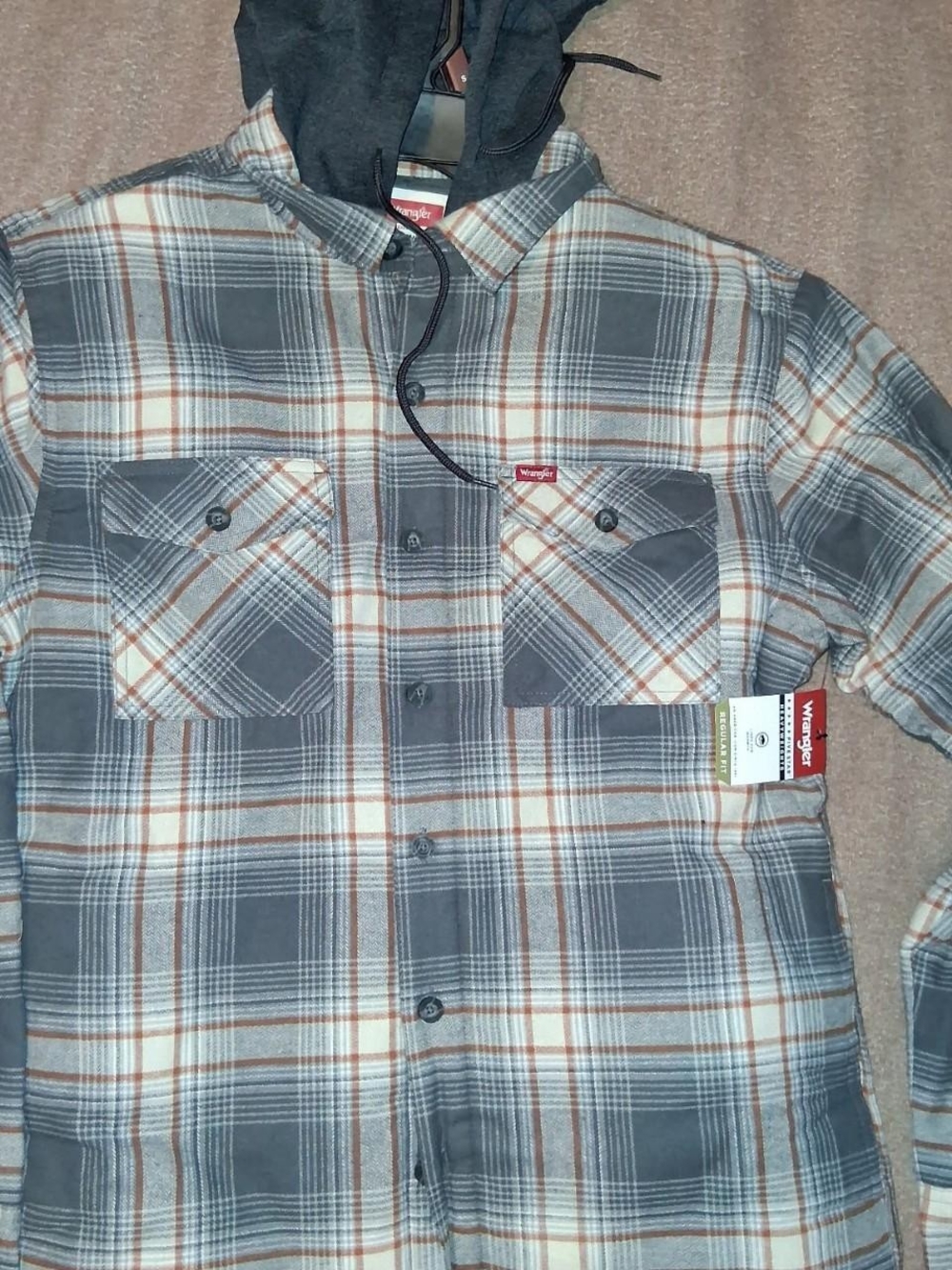 Wrangler Hooded Flannel Shirt Jacket - Gray & Brown Plaid